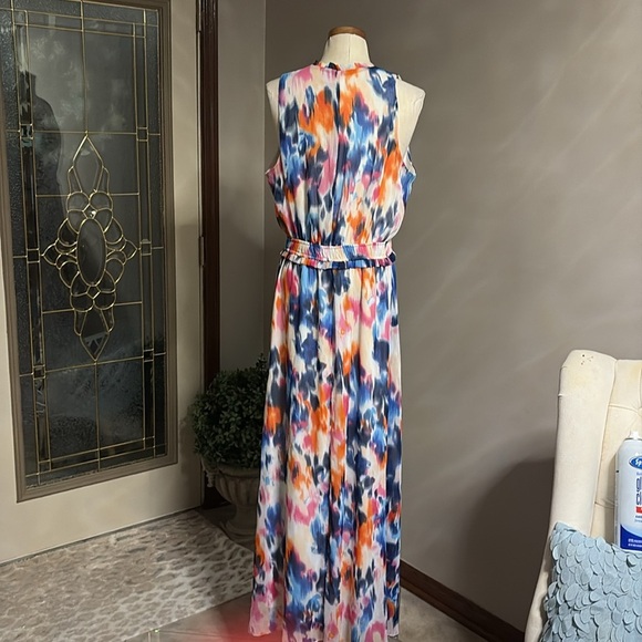 London Times Multicolor water colors tie dye Maxi Dress sleeveless faux wrap 12 - Picture 10 of 15